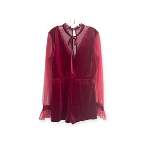 Endless Rose Burgundy Velvet Romper Sheer Sleeves Tie‎ Neck Party XL